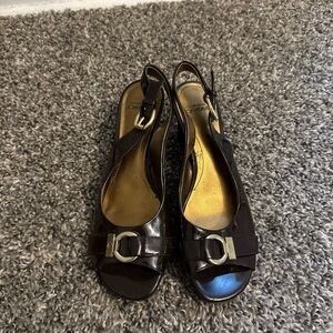 Women’s Dark Brown Slingback Peep-Toe Mules with Buckle Detail